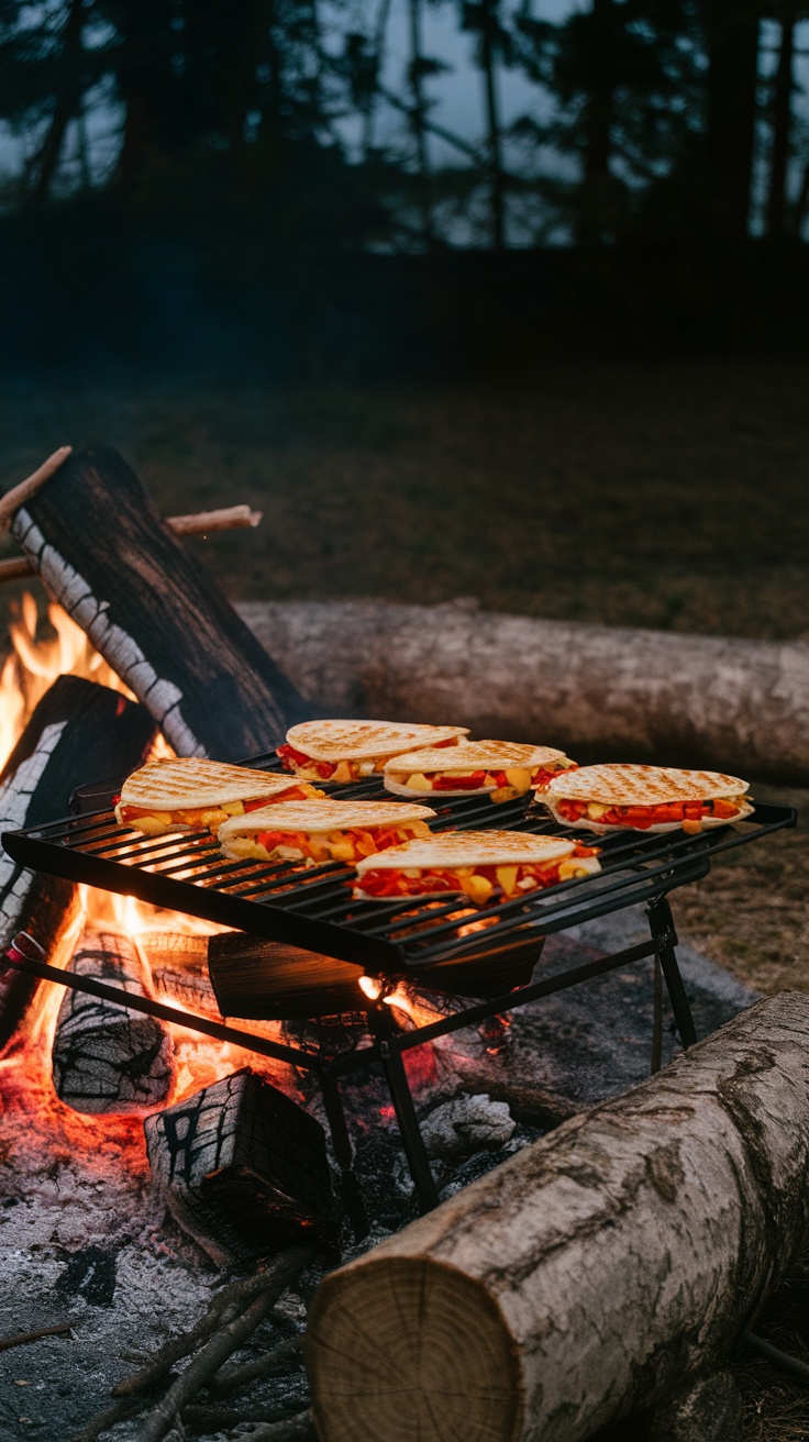 Campfire quesadillas grilling over an open fire