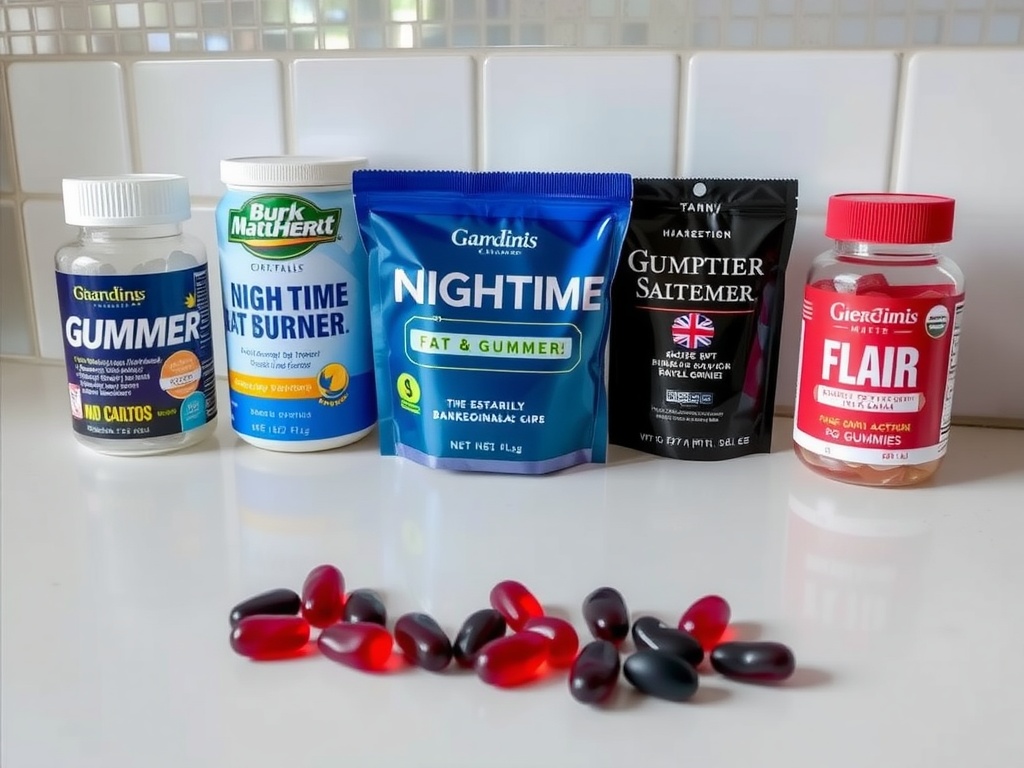 Various brands of nighttime fat burner gummies displayed on a countertop.