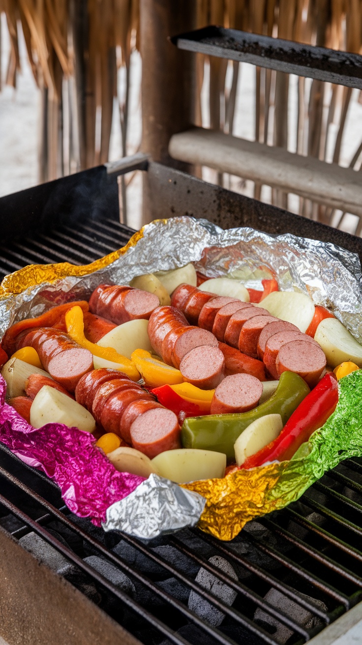 Foil packet with sausage and assorted vegetables cooking on a grill.