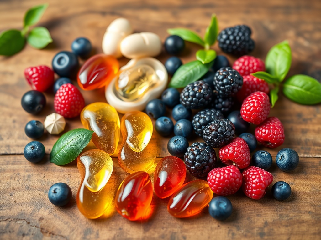 Colorful gummies surrounded by fresh berries and leaves on a wooden table.