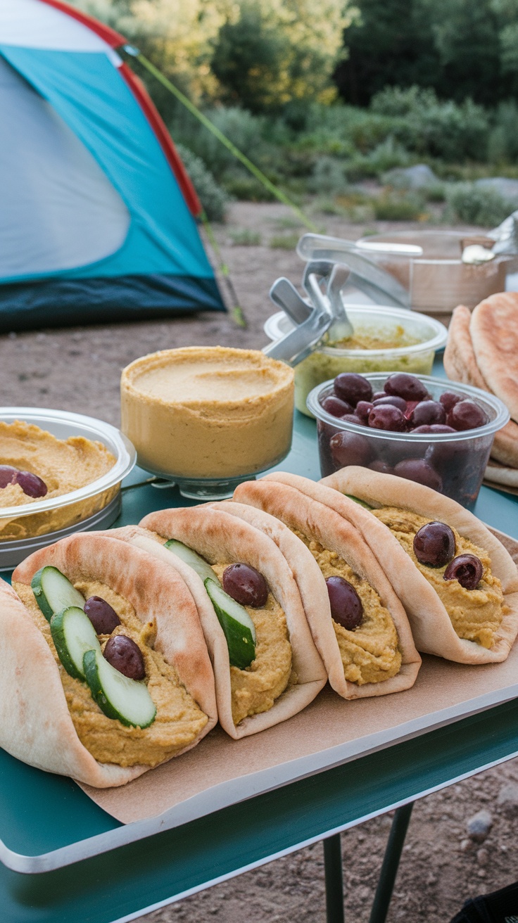 Mediterranean pita pockets filled with hummus, cucumber, olives, and tomatoes on a camping table.