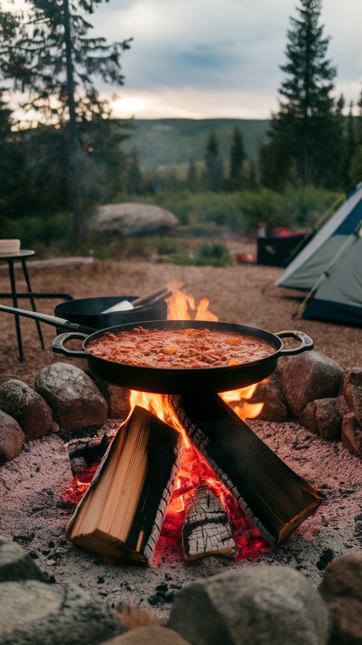 A pot of chili simmering over a campfire in a forested area.