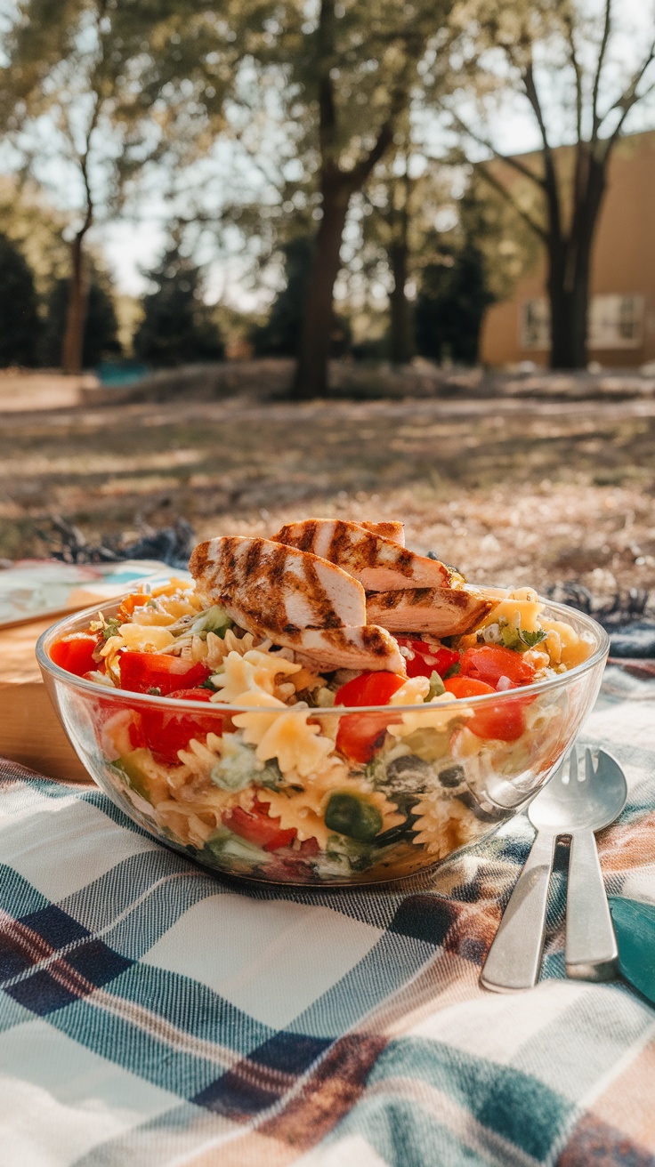 A bowl of pasta salad with grilled chicken and colorful vegetables, perfect for camping meals.
