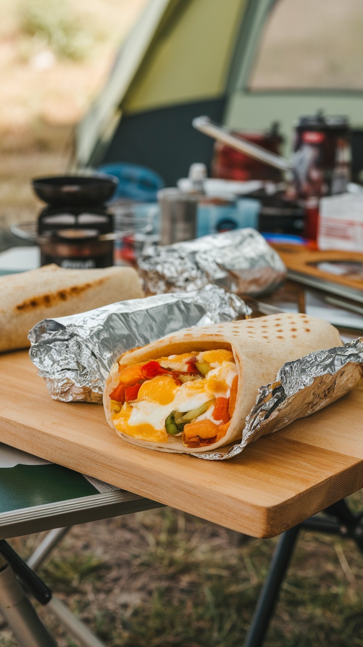 Delicious breakfast burritos wrapped in foil with colorful ingredients.