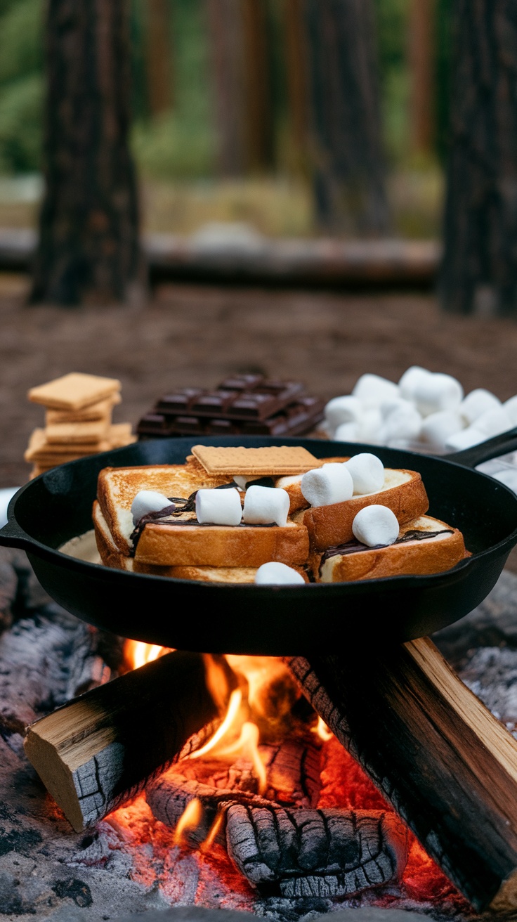 A delicious serving of S'mores Stuffed French Toast cooking over a campfire