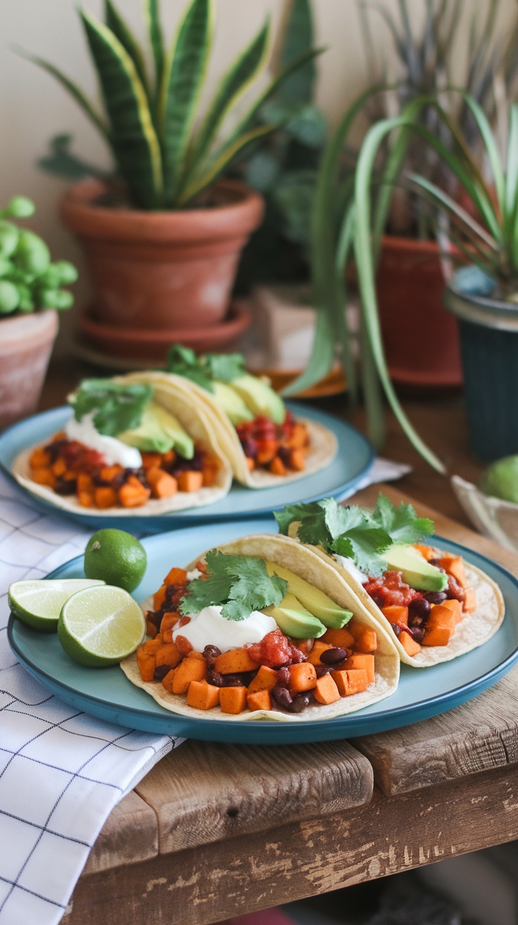 Delicious sweet potato and black bean tacos with avocado and lime.