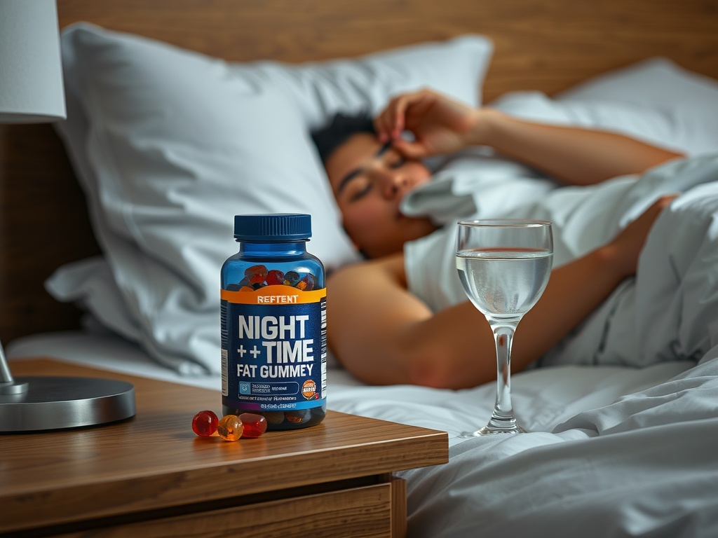 A cozy bedroom with a bottle of Night Time Fat Gummies, a glass of water, and a person resting in bed.