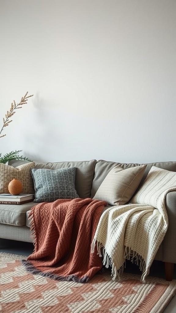 Cozy living room with a sofa featuring various cushions and textured throws.