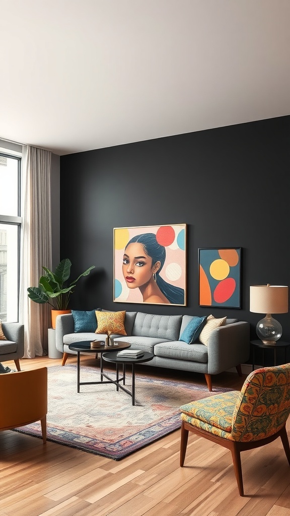 A modern living room with a black accent wall, colorful artwork, and stylish furniture.
