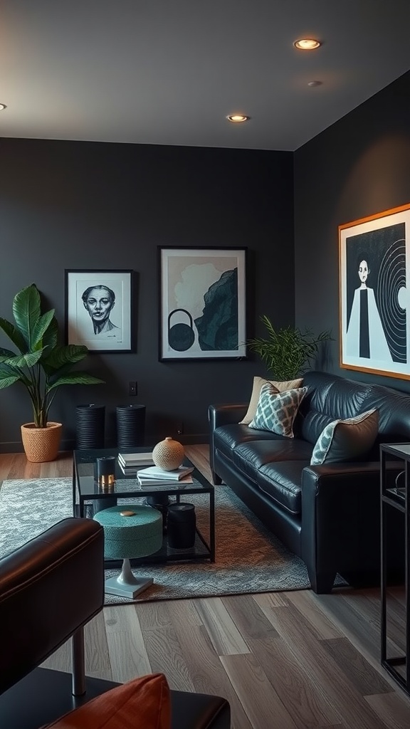 A stylish black leather lounge with artwork and plants in an apartment setting.