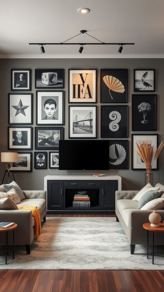 A stylish living room featuring a bold black gallery wall with various framed artworks, modern sofas, and a sleek media console.