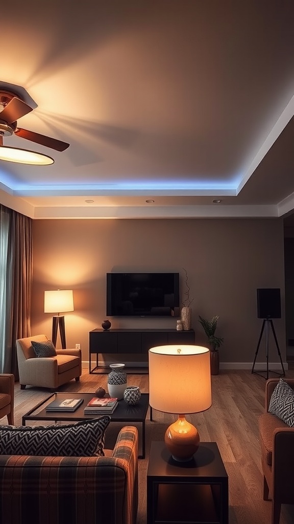 A cozy living room in an apartment featuring soft lighting from lamps and a ceiling fan, with modern decor and a warm atmosphere.