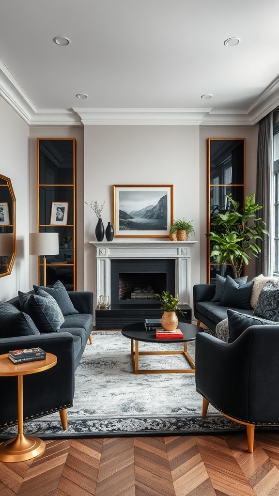 A contemporary living room featuring black furniture, gold accents, and stylish decor.