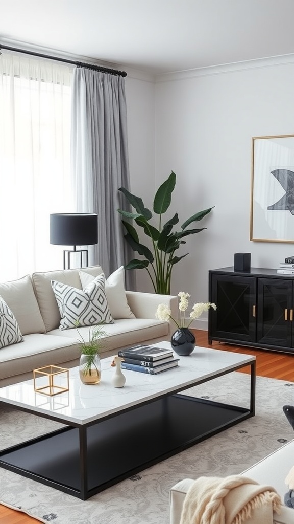 Cozy black and white living room with a light sofa, black coffee table, and decorative elements.