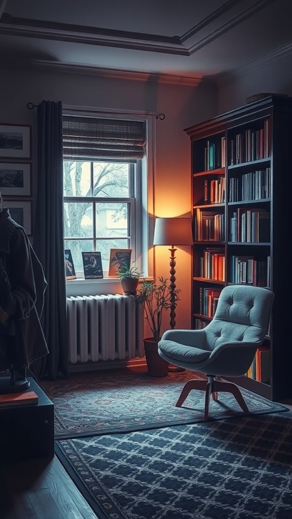 A cozy reading nook featuring a comfortable chair, warm lighting, bookshelves filled with books, and a window with filtered light.