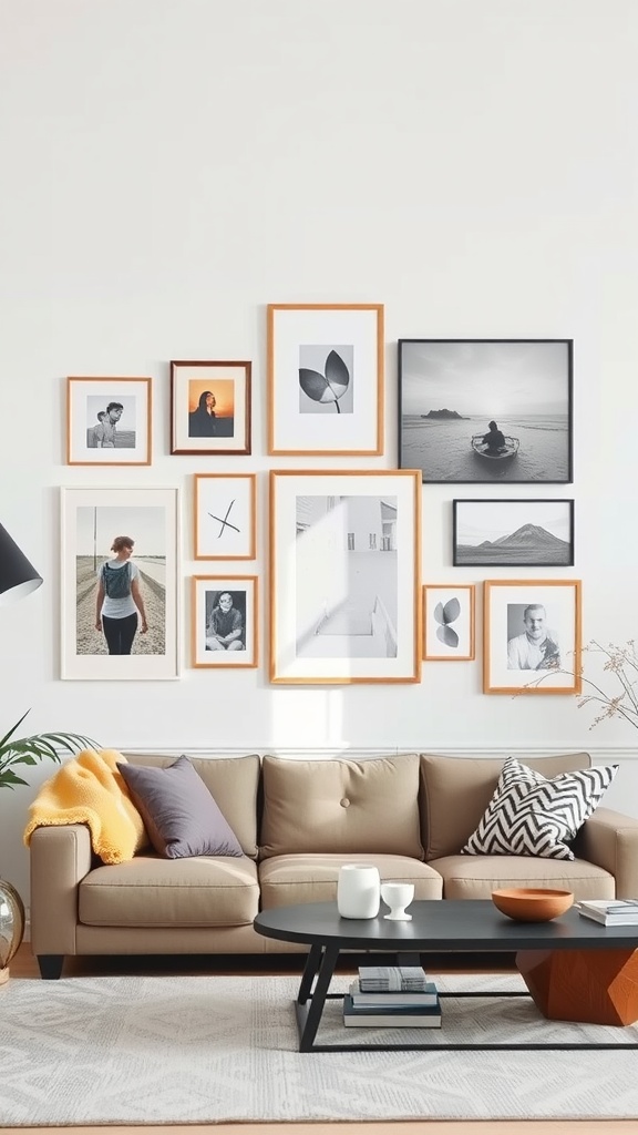 A stylish gallery wall featuring a mix of framed photographs and artistic prints above a cozy beige sofa.