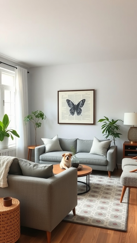 A cozy pet-friendly living room featuring gray sofas, a round coffee table, and a dog sitting on the rug.