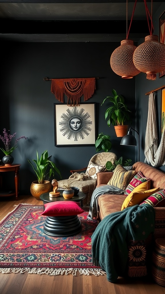 A cozy living room showcasing eclectic black bohemian style with a deep black wall, colorful cushions, and plants.