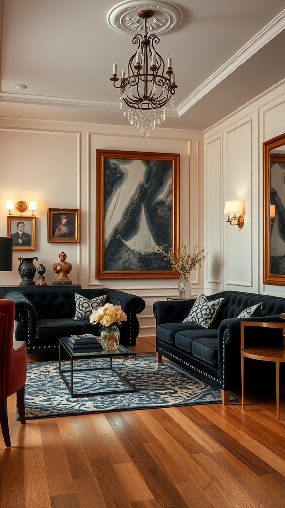 A stylish living room featuring black velvet sofas, warm wooden flooring, and elegant wall art.