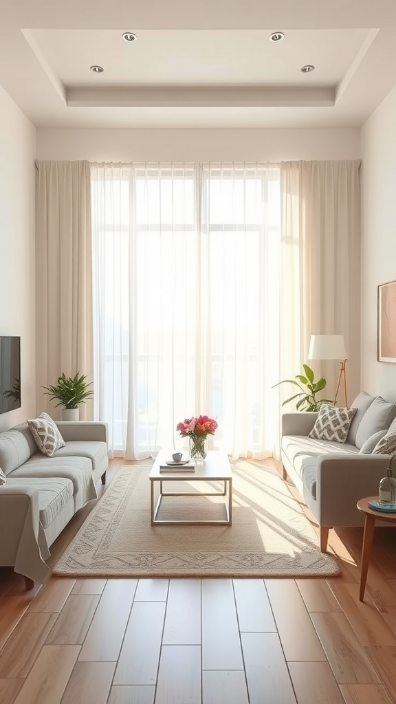 Bright living room with large windows, sheer curtains, and plants, showcasing natural light.