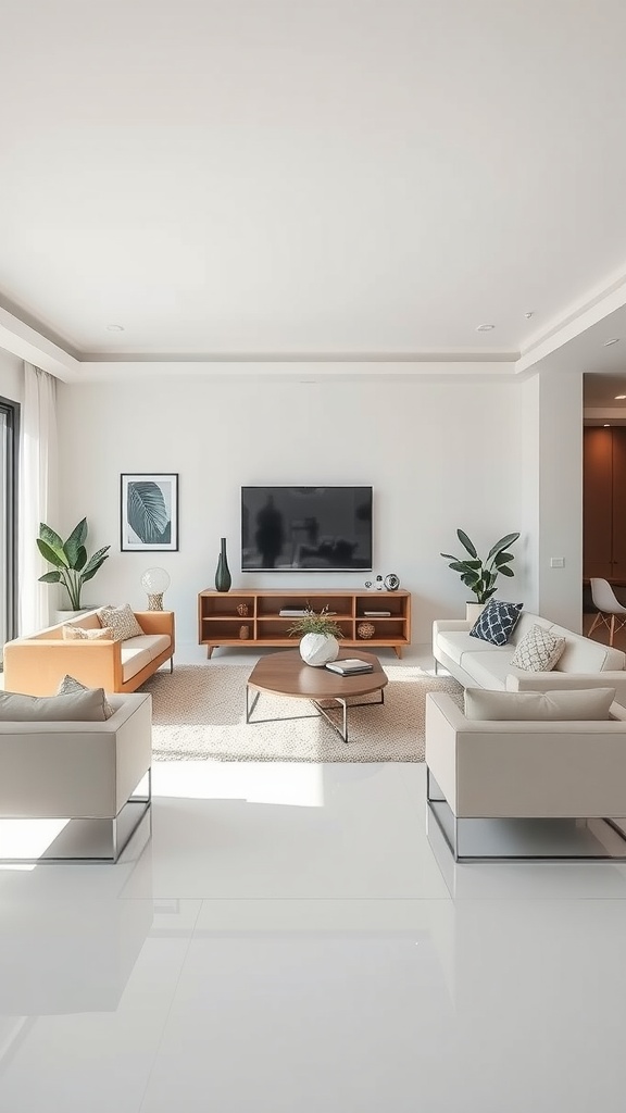 A minimalist living room with two sofas, a coffee table, and a TV.