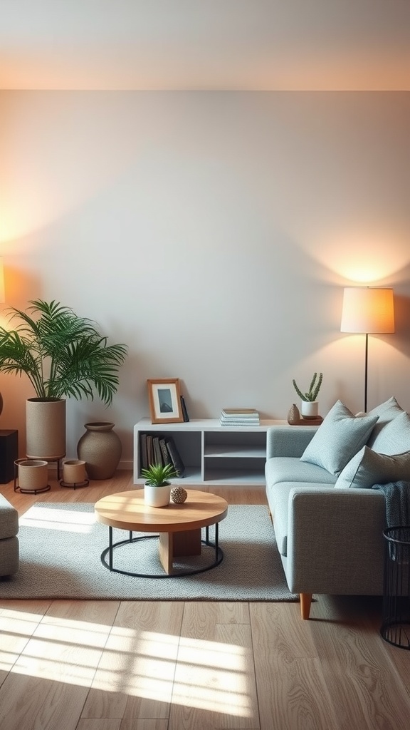 A cozy living room with soft lighting, featuring a grey couch, round wooden coffee table, and indoor plants.