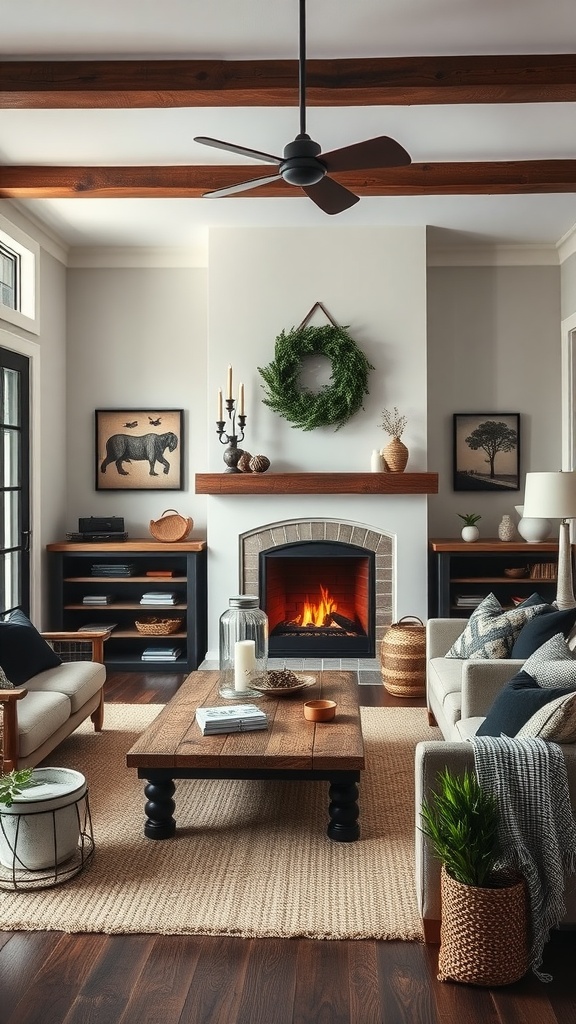 A cozy living room with farmhouse style featuring wooden beams, a fireplace, and black accents.