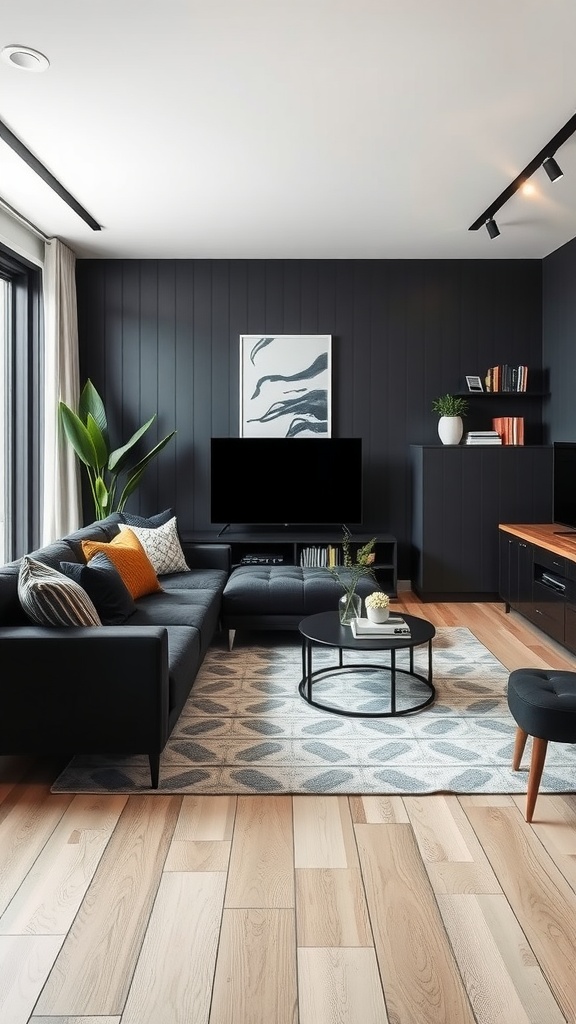 Stylish black-themed living room with cozy sofa, coffee table, and natural light