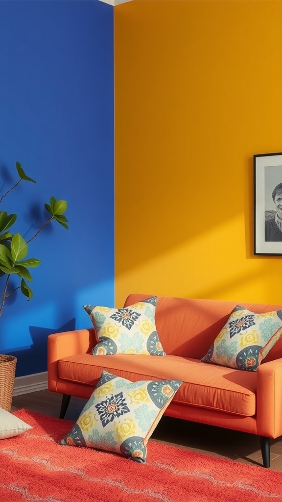 A vibrant living room featuring blue and orange walls with an orange sofa and colorful patterned pillows.