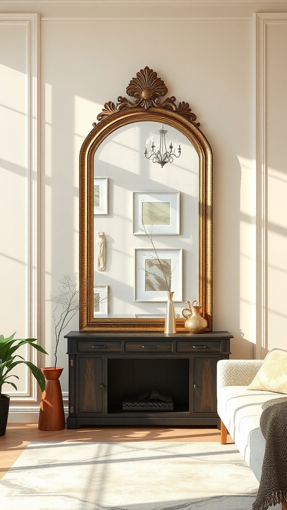 Living room with a large ornate mirror, console table, and natural light.