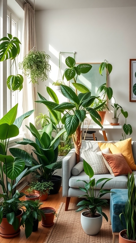 A living room filled with various plants, showcasing a mix of tall and hanging greenery, a comfortable couch, and cozy decor.