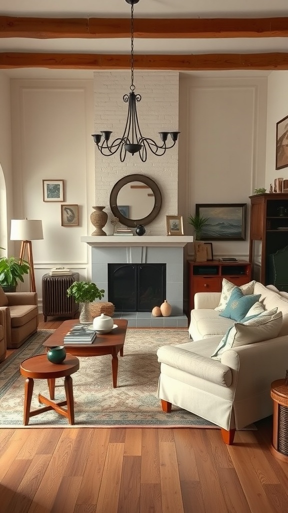 A cozy living room with vintage decor, featuring wooden beams, a vintage chandelier, and a fireplace.