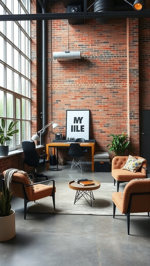 Industrial living room with black accents, exposed brick wall, and cozy seating