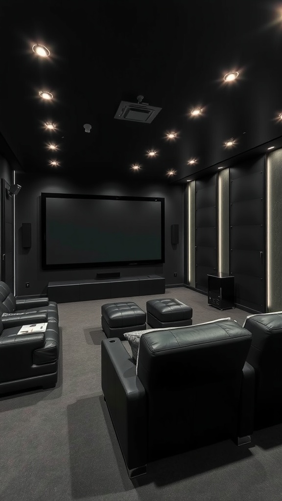 Luxurious black home theater setup with leather seating and a large screen