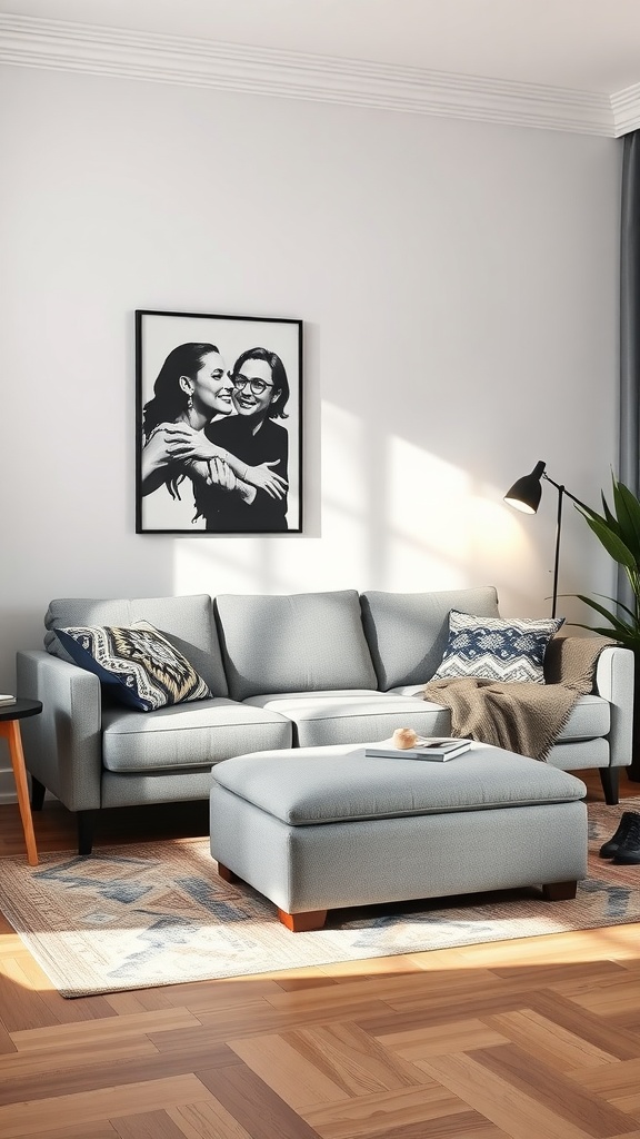 Cozy living room featuring a gray sofa, an ottoman, and a floor lamp with artwork on the wall.