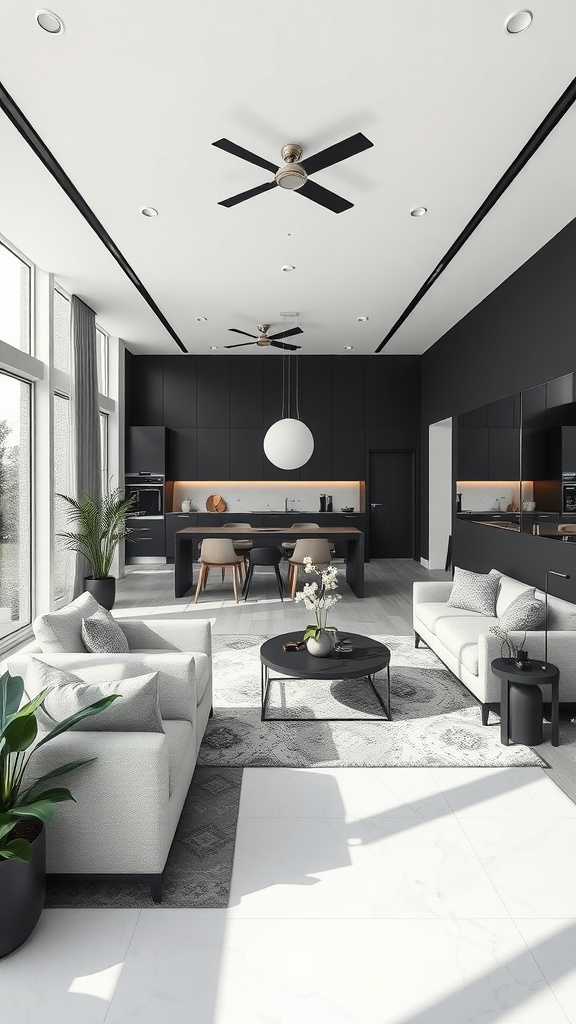 A modern open-concept living room with black highlights, featuring gray sofas, a round coffee table, and large windows.