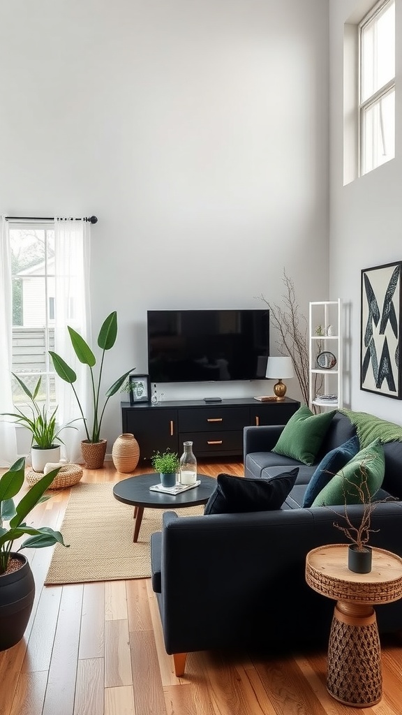 A modern living room featuring a black sofa, wooden flooring, large windows, and various indoor plants.