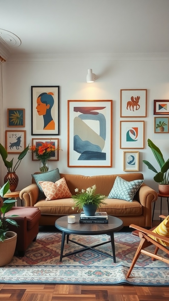 Cozy living room with a warm-toned couch, colorful pillows, and a gallery wall of art