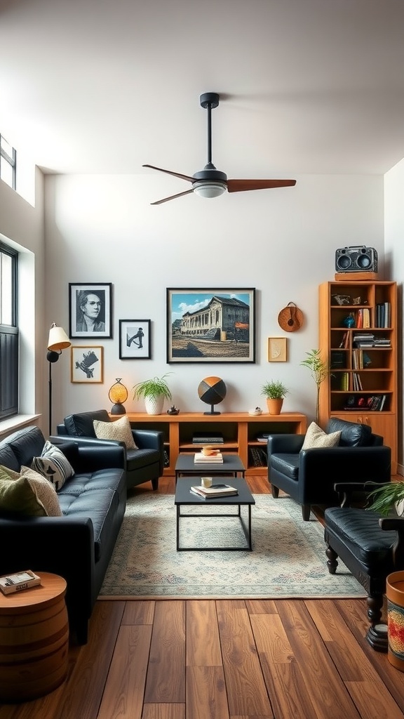 A stylish living room featuring black leather sofas, light wood accents, and retro artwork.