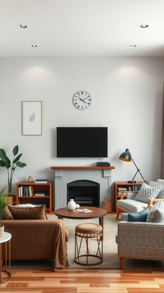 A cozy living room setup featuring a TV above a fireplace, comfortable seating, and decorative elements.