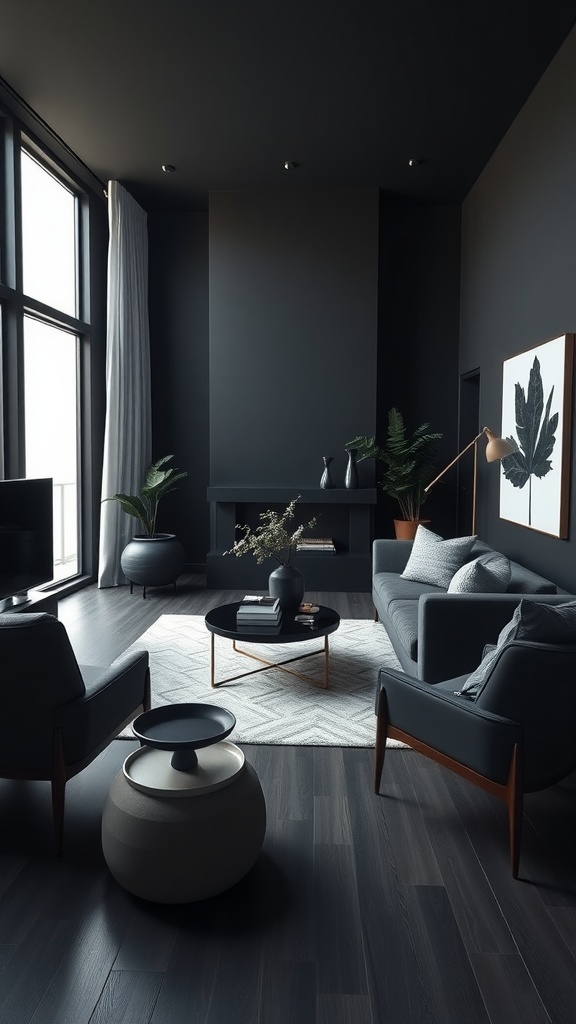 Modern living room featuring black walls, gray furniture, and a cozy atmosphere