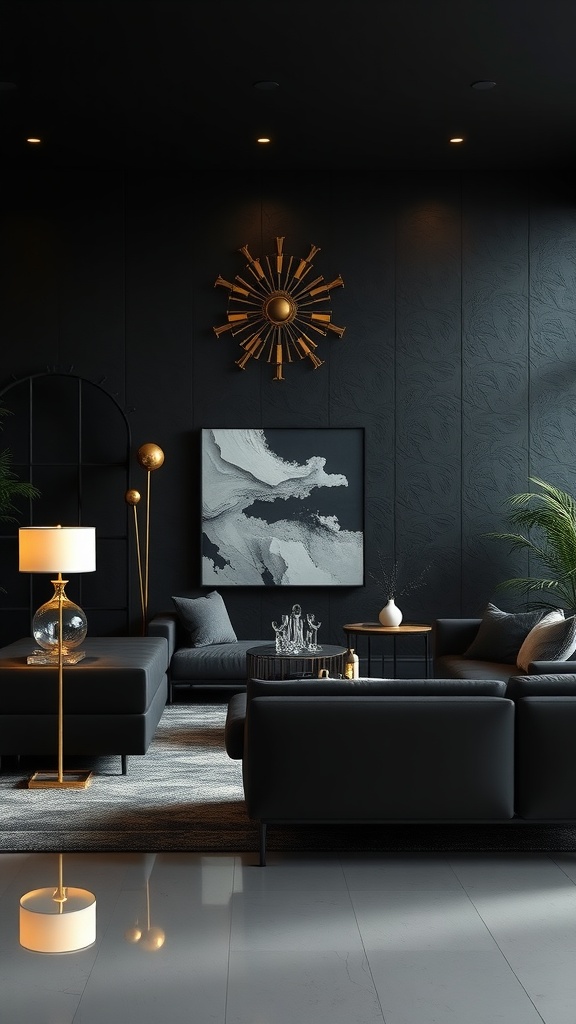 Sophisticated living room featuring black textured walls, black sofas, gold accents, and a touch of greenery.