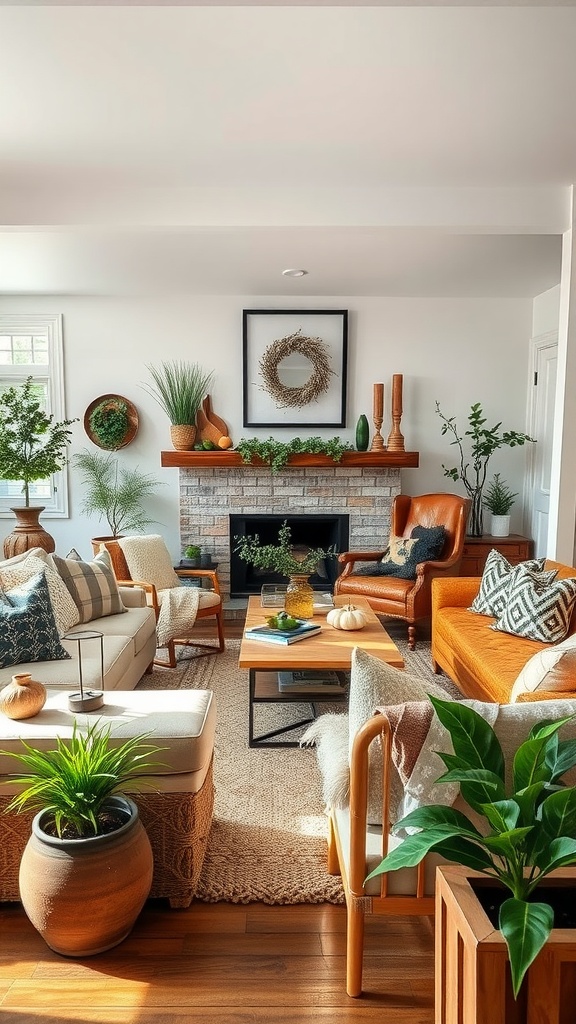 A beautifully styled living room featuring warm colors, plants, and seasonal decor elements.