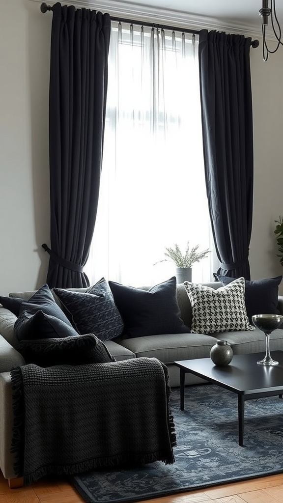 Living room with textured black fabrics, including pillows and curtains, creating a cozy atmosphere.