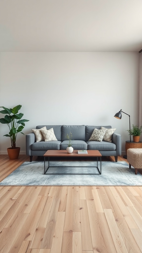 Cozy living room with a grey sofa, wooden coffee table, and a light rug