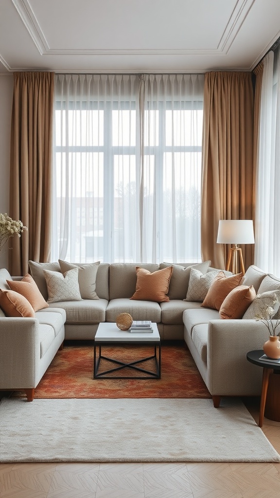 A cozy living room featuring a light-colored sectional sofa with numerous cushions, warm curtains, and a stylish coffee table.