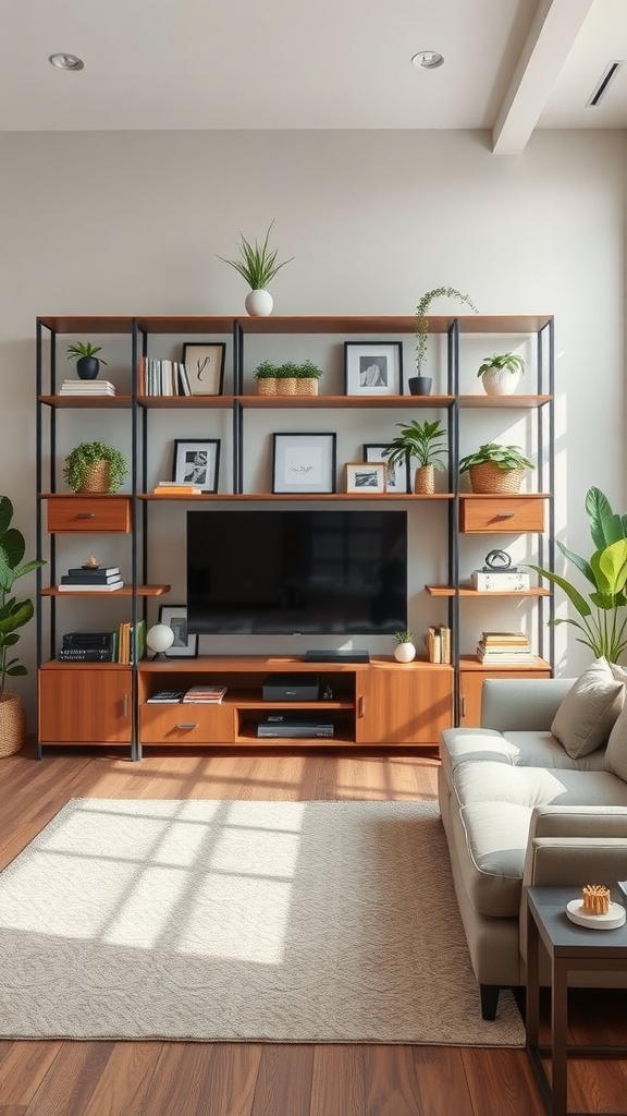 Living room with a tall shelving unit showcasing plants, books, and decorative items