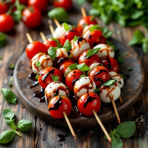 Caprese skewers with cherry tomatoes, mozzarella, basil, and balsamic drizzle on a wooden platter.