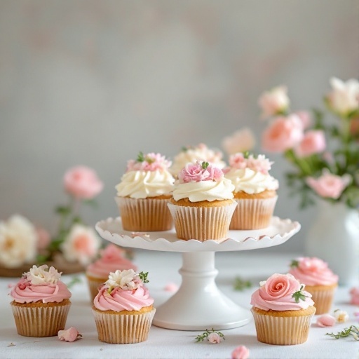 Floral cupcakes with buttercream frosting decorated with edible flowers on a white cake stand.