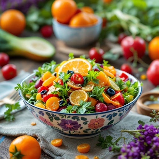 A colorful fresh garden salad with various vegetables and fruits, garnished with parsley.